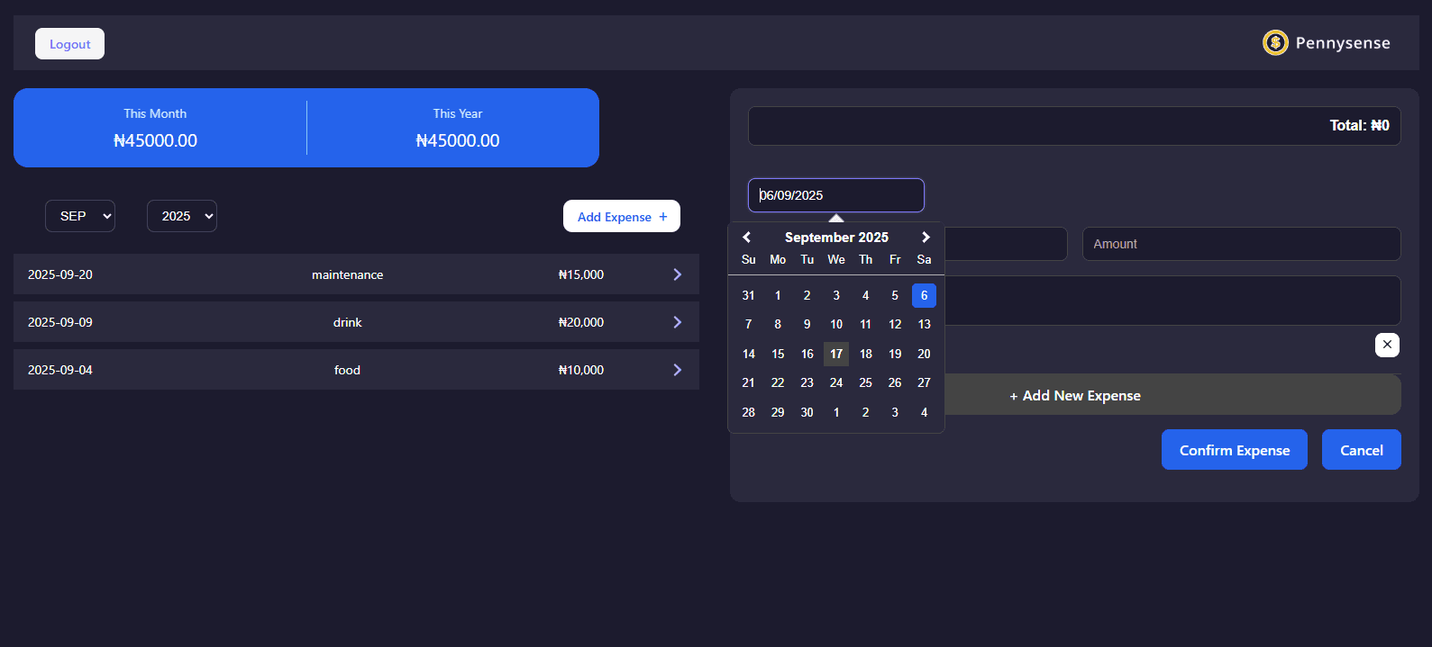 Expense history panel